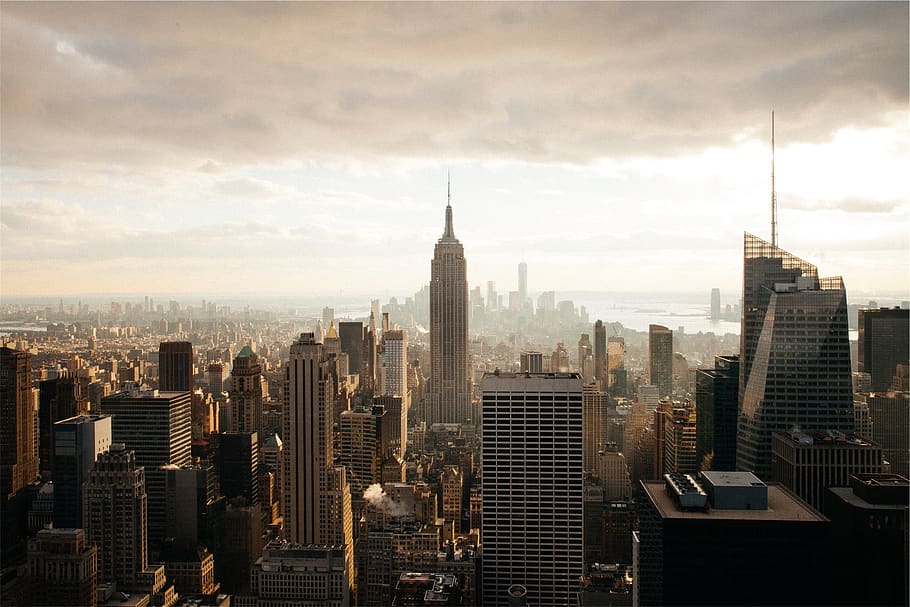 Nova York, cidade, edifícios, torres, arranha-céus, centro da cidade, urbano, Empire State, céu, nuvens