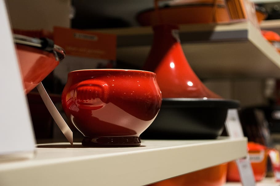 shop, buy, bowl, cup, indoors, red, household equipment, food and drink, close-up, kitchen utensil
