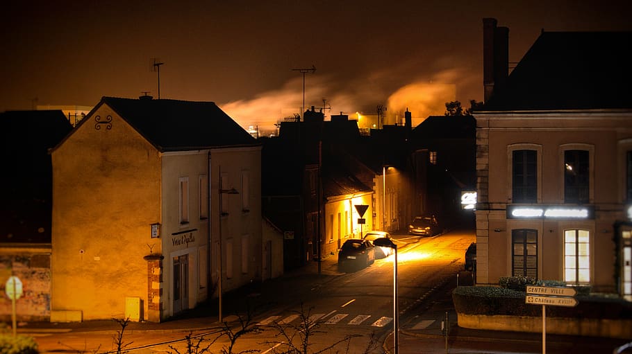 small city, house, street light, winter, heating, night, france, building exterior, architecture, built structure