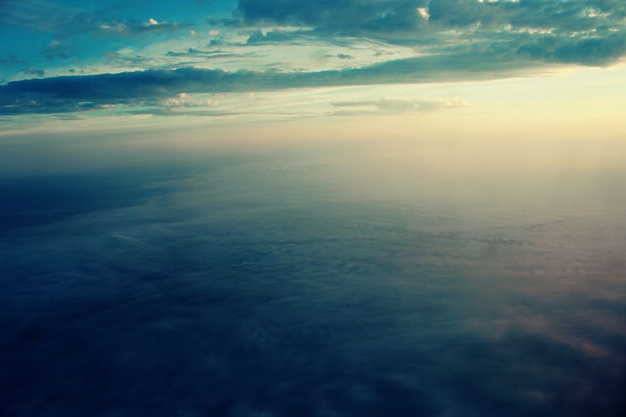 aérea, vista, céu, nuvens, pôr do sol, viagem, transporte, voar, avião, nuvem - céu