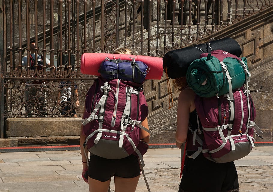 two, person, carrying, hiking, backpack, mats, Walkers, Backpacks, Path, Compostela