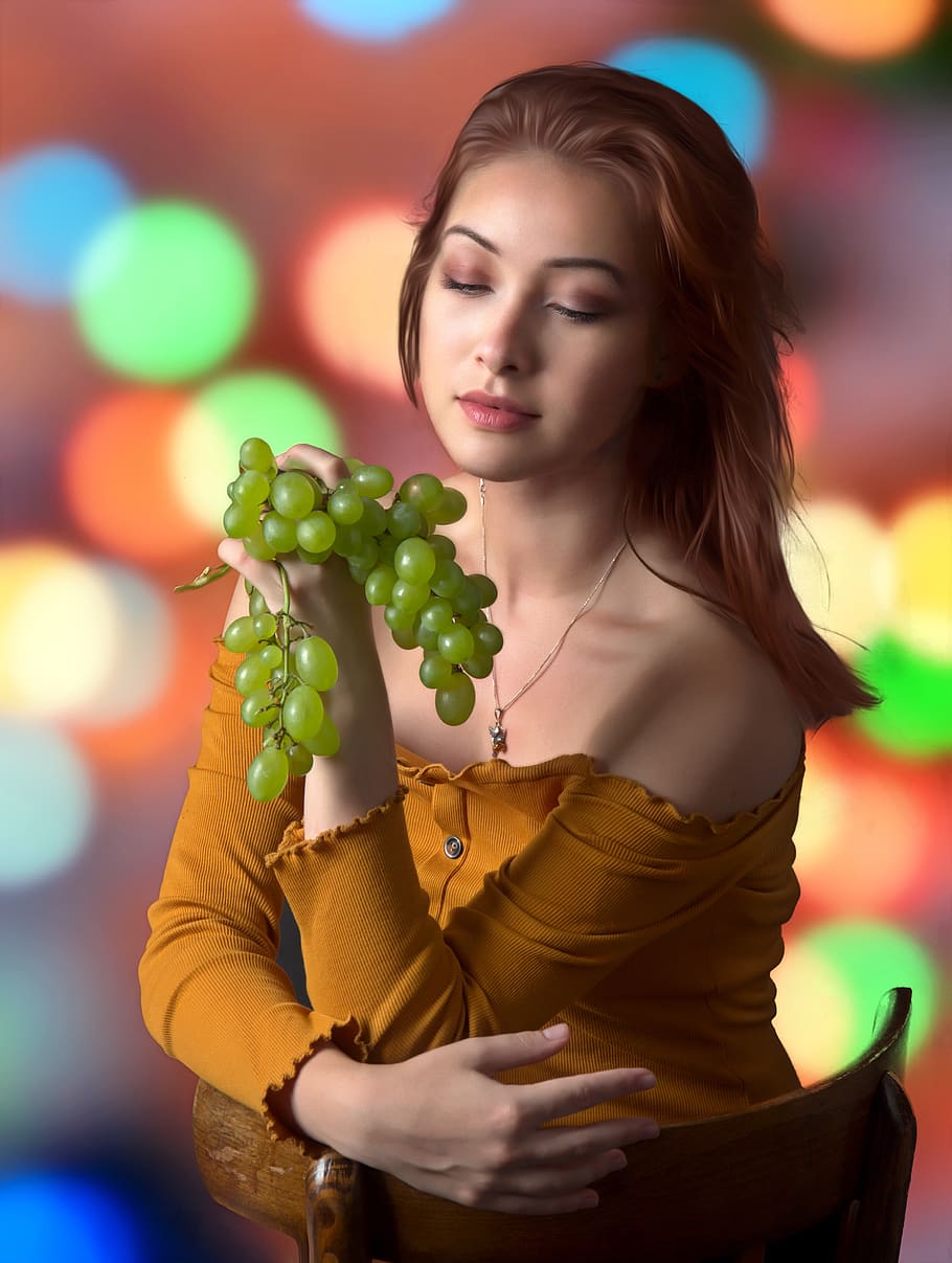 girl, grapes, colors, beauty, eating, fruit, diet, raw, food, slimming