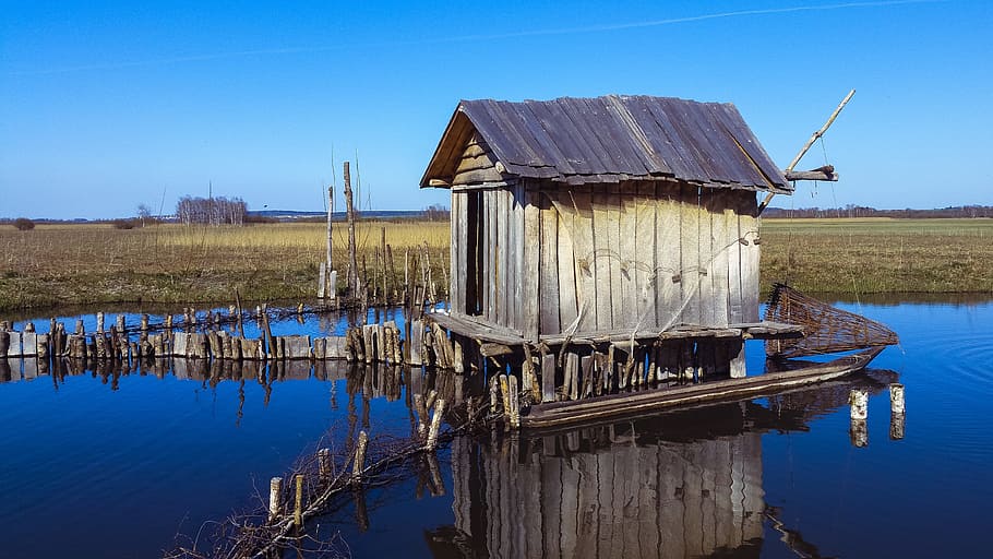 fisherman's hut, old, leave, fishing net, hut, spring lake, bad buchau, antique, germane, water