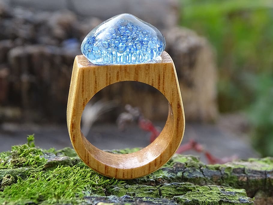 round, brown, wooden, frame, glass and wood ring, jewelry, seascape, one of a kind ring, blue, aquamarine