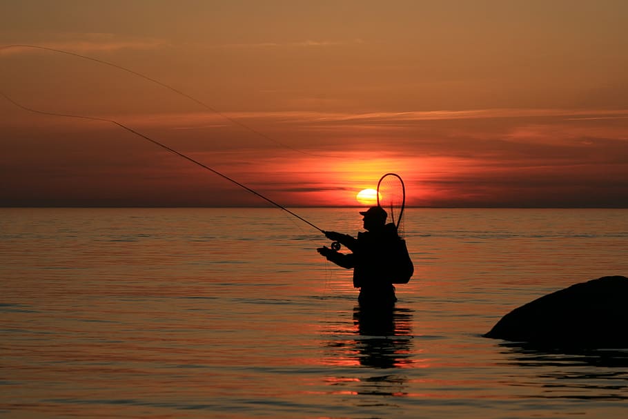 angler, time out, sunset, fishing rod, sea, catch fish, fishing, sea trout, sea trout fishing, bornholm