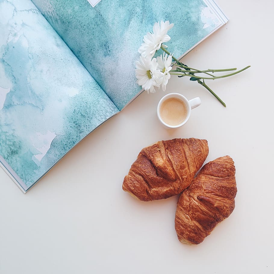 espresso, coffee, croissants, breakfast, food, morning, flowers, book, reading, food and drink