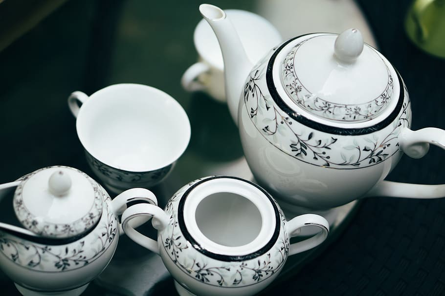 white-and-black, floral, ceramic, tea, set, crockery, dishes, tableware, cup, can