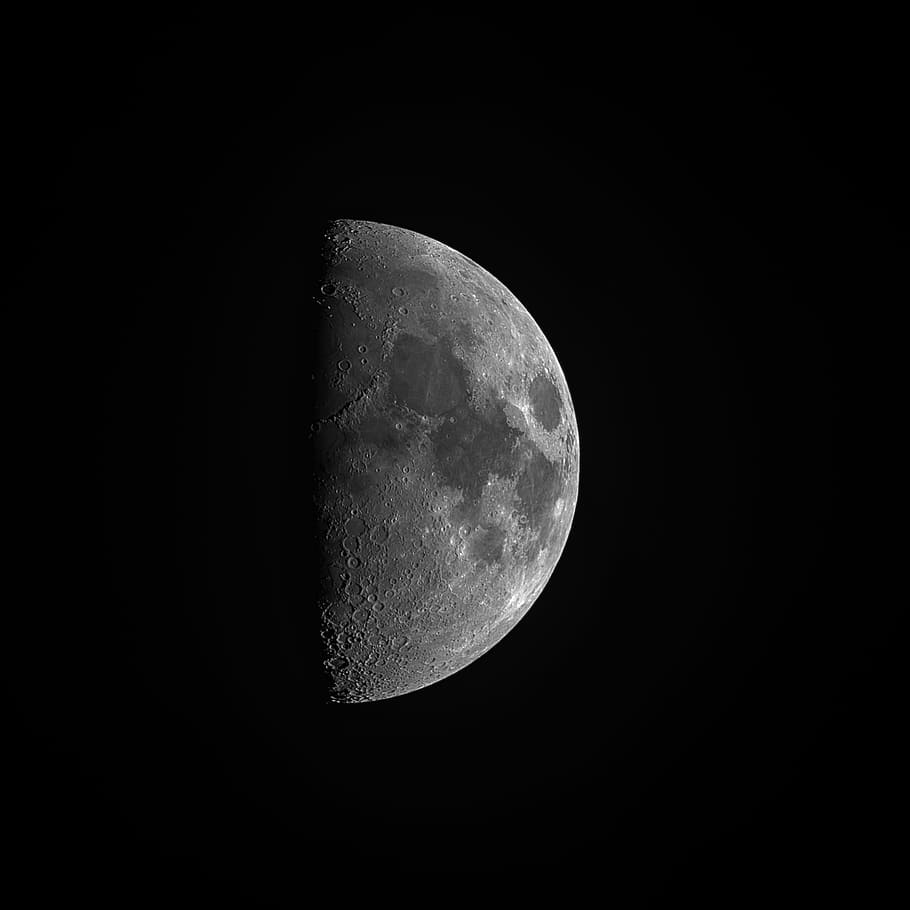 First, Quarter Moon, photography of half-moon, space, astronomy, night, moon, sky, planetary moon, moon surface