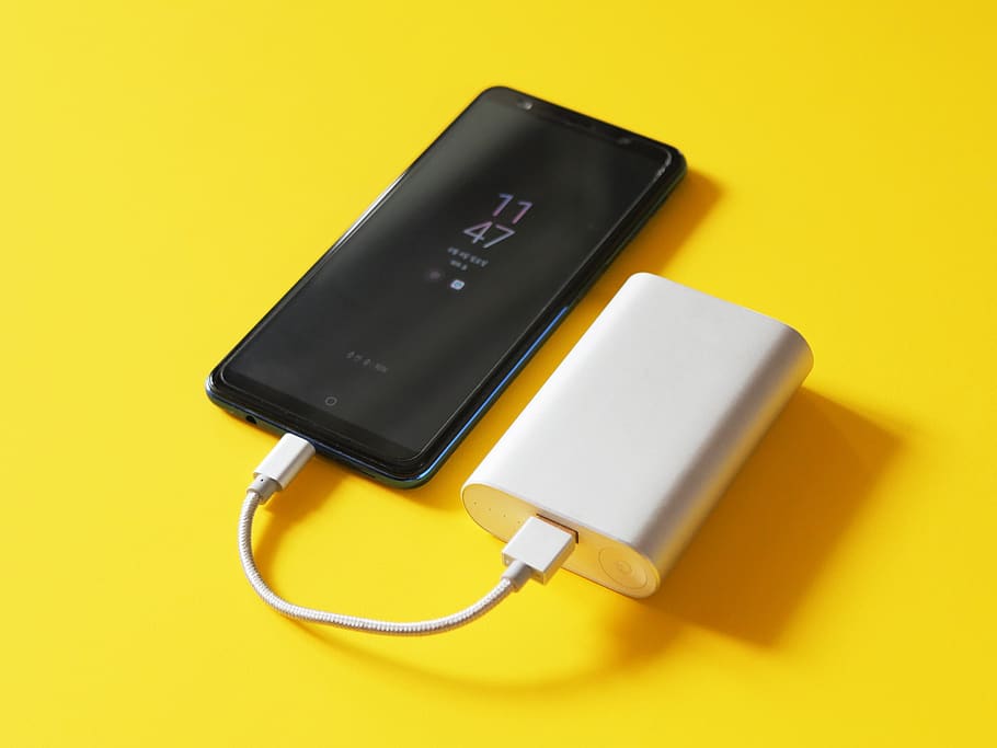 smartphone, battery, charge, charger, cable, energy, electricity, power bank, the auxiliary battery, yellow