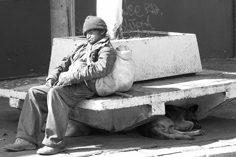Equador, Banos, Desabrigado, Banos Equador, América do Sul, homem e cachorro, rua da cidade, banco público, dormindo, preto e branco