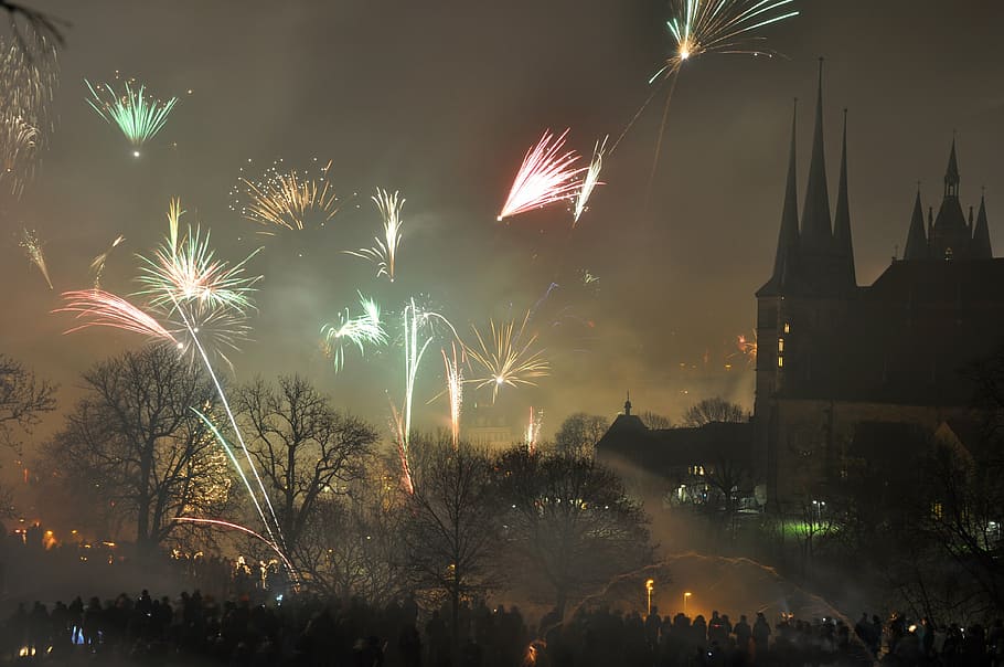fireworks, new year's eve, erfurt, dom, toompea, church, rocket, night, new year's greetings, fireworks rocket