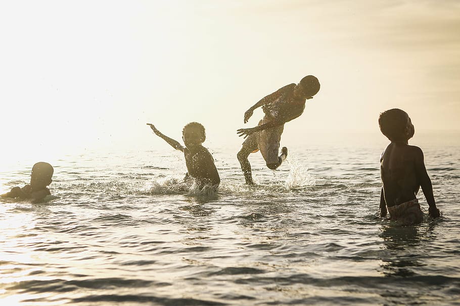 four, boys, swimming, sea, daytime, children, fun, happy, ocean, people