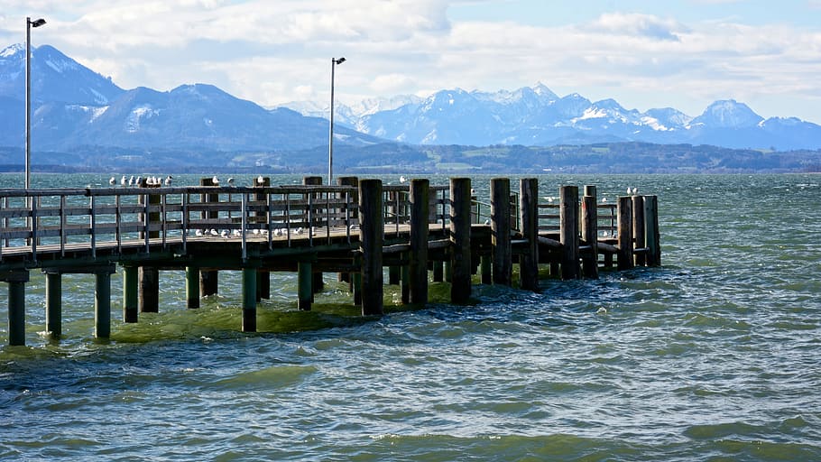 jetty, web, wood, pier, landscape, lake, chiemsee, bavaria, mountains, boardwalk