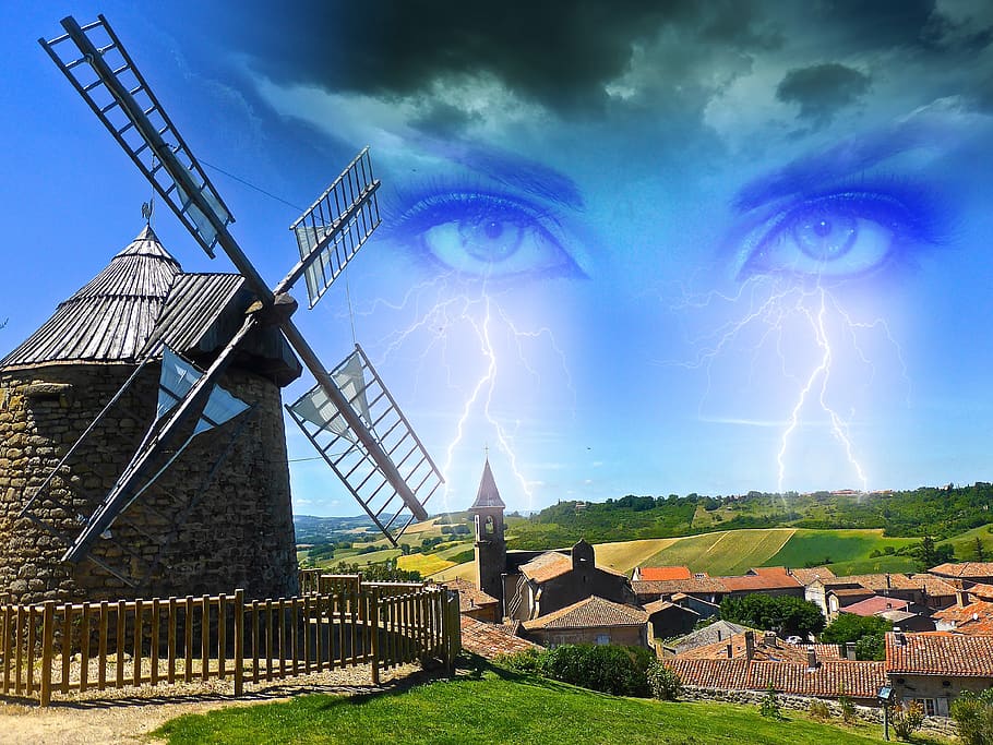 wallpaper, eyes, lightning, angry, clouds, windmill, grass, village, fantasy, weather