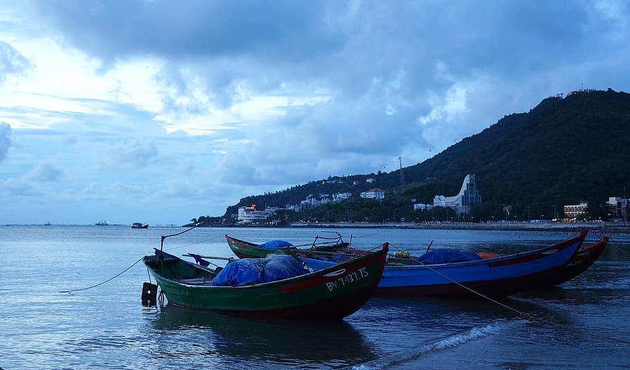 el mar, el bote, puesta de sol, vung tau, vietnam, embarcación náutica, transporte, agua, modo de transporte, cielo