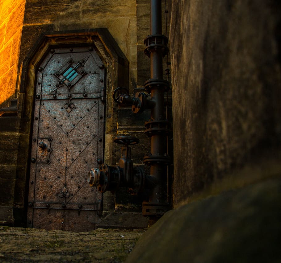 foto, cerrado, gris, puerta de metal, puerta, puerta vieja, steampunk, históricamente, hierro, tubo