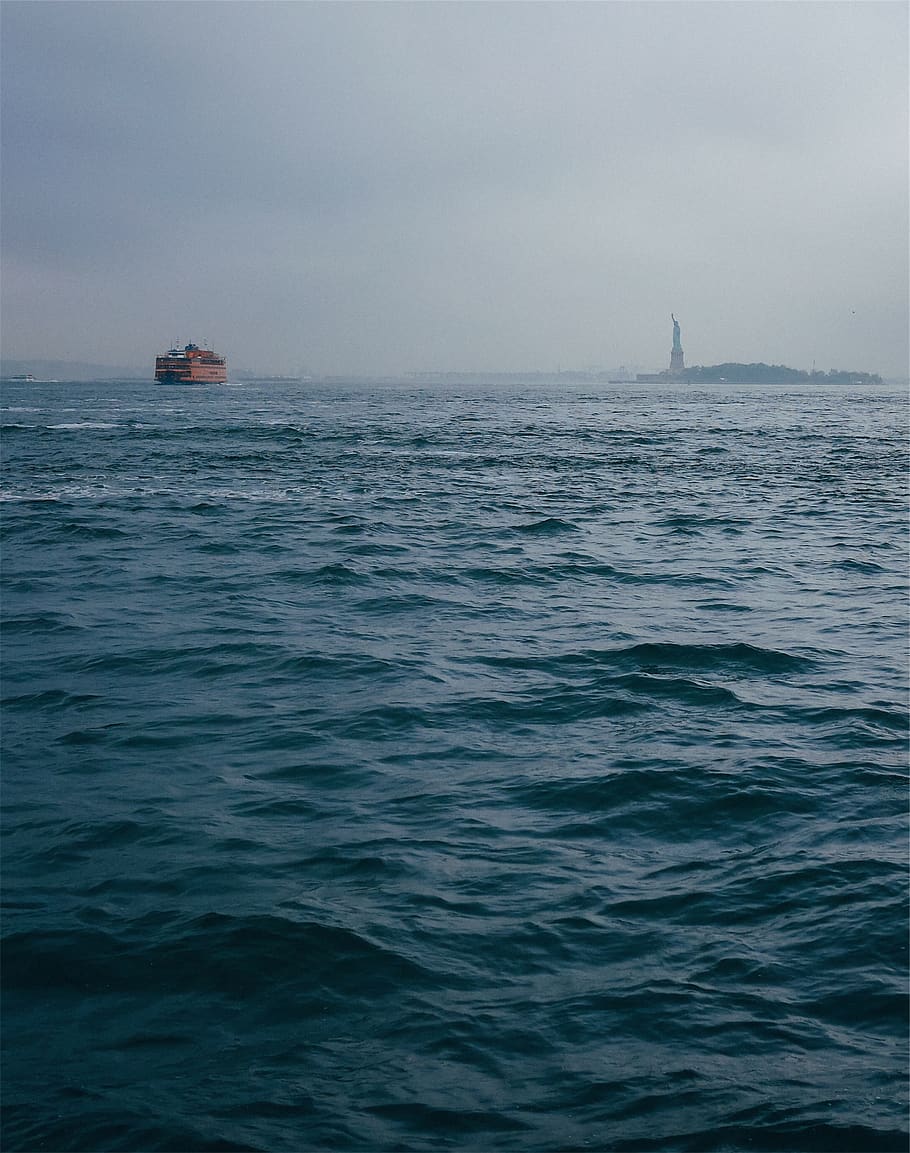 statue of liberty, liberty island, water, boats, New York, NYC, USA, United States of America, sea, beauty in nature
