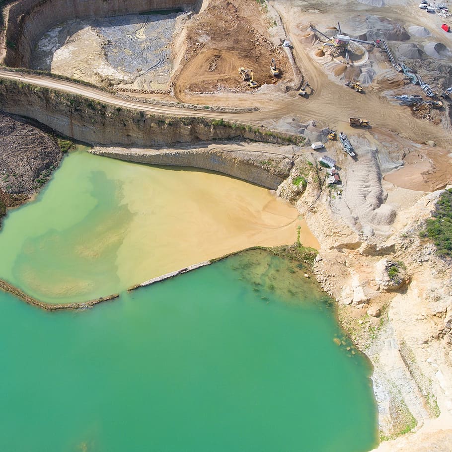 birds eye view, calm, body, water, aerial, photography, mining, mountain, view, landscape