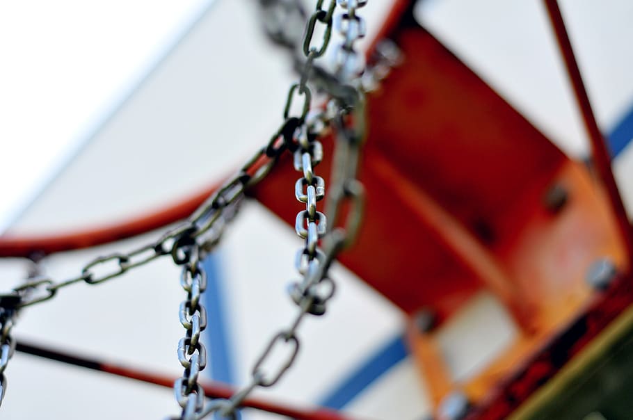 basketball, hoop, rim, chains, court, sports, red, close-up, jewelry, selective focus