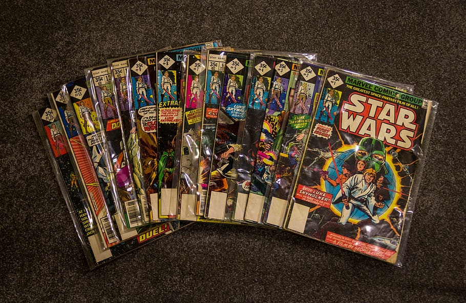 star wars, comic, book collection, floor, comic books, marvel comics, collection, vintage, multi colored, text