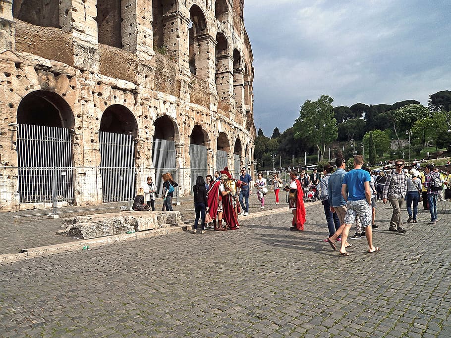 the coliseum, people, guards, ice, ancient times, rome, italy, architecture, the toga, armor