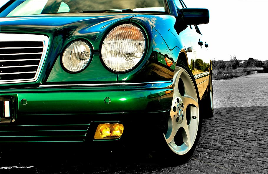 closeup, green, car, auto, mercedes, mercedes benz, classic, vehicle, elegant, stuttgart