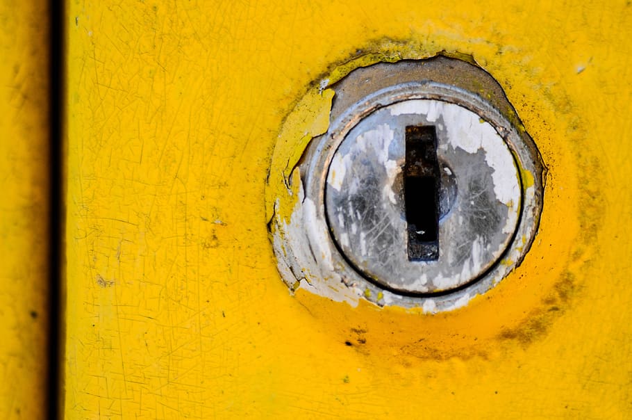 keyhole, locked, old, paint, chipped, letterbox, yellow, chipped paint, paint job, cracked