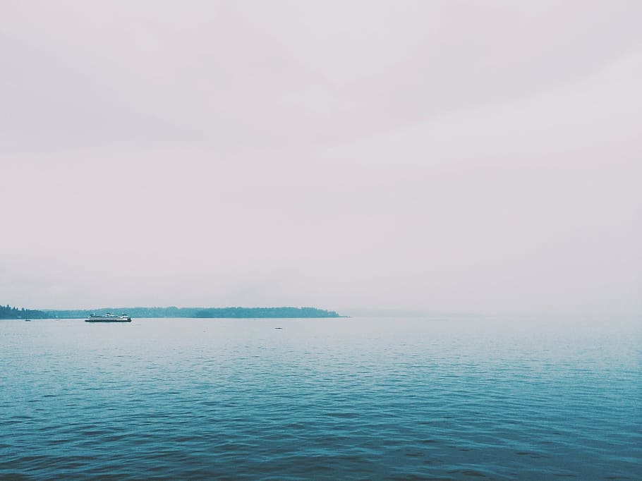 blue open sea, ocean, sea, water, boat, ship, sky, grey, fog, scenics - nature