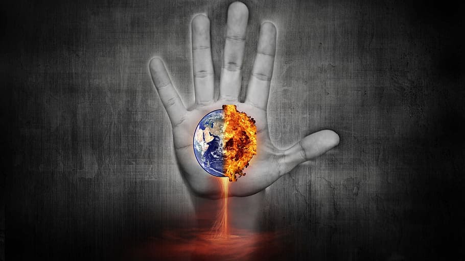 ilustrasi, bumi, orang, telapak tangan, kiamat, ujung, tangan, dunia, kehancuran, bola dunia