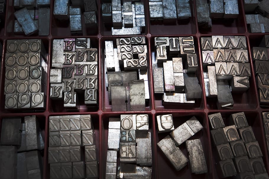 gray, metal decor lot, letters, lead, lead characters, ligature, serifs, book printing, mechanical process, font