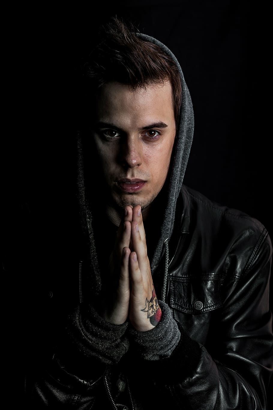 black leather jacket, young, man, portrait, darkness, handsome young man, expression, male, person, people