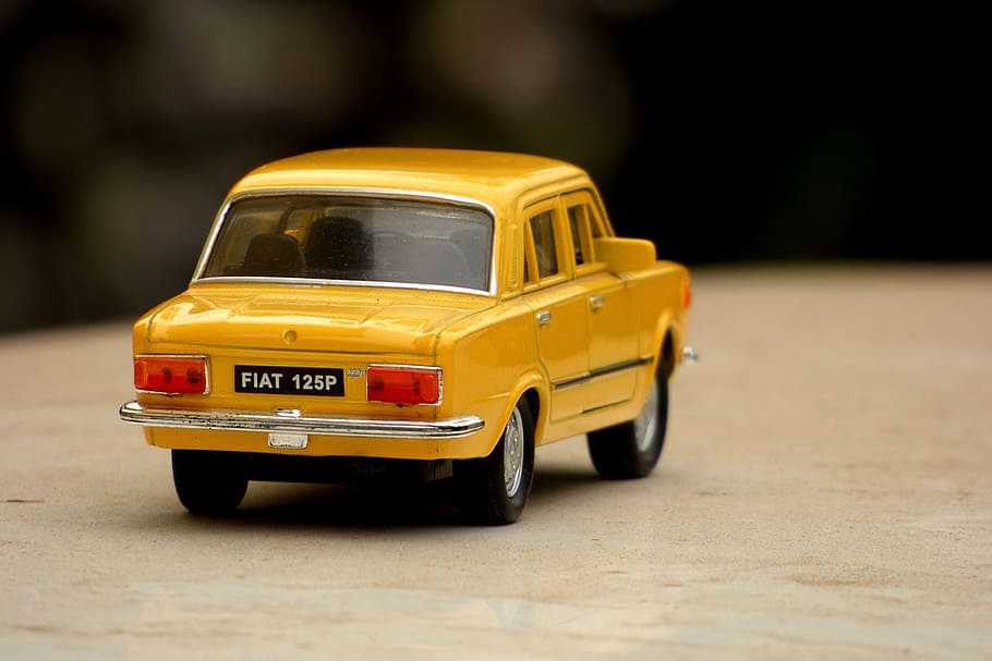 amarillo, fiat, 125p, sedán, escala, modelo, auto, vehículo, automóvil pequeño, automóvil antiguo