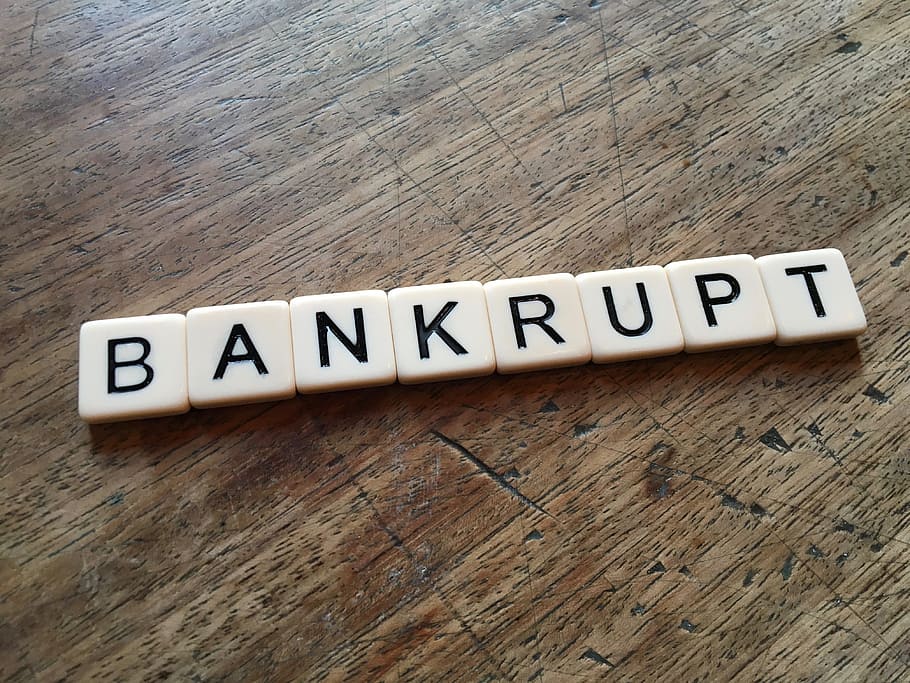 white, bankrupt, scrabble tiles, brown, wooden, surface, insolvent, bankruptcy, debt, insolvency