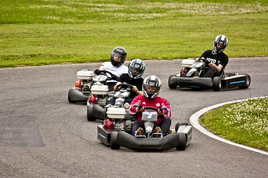 four, men, riding, go-kart, road, kart, go kart, race track, kart racing, go kart track