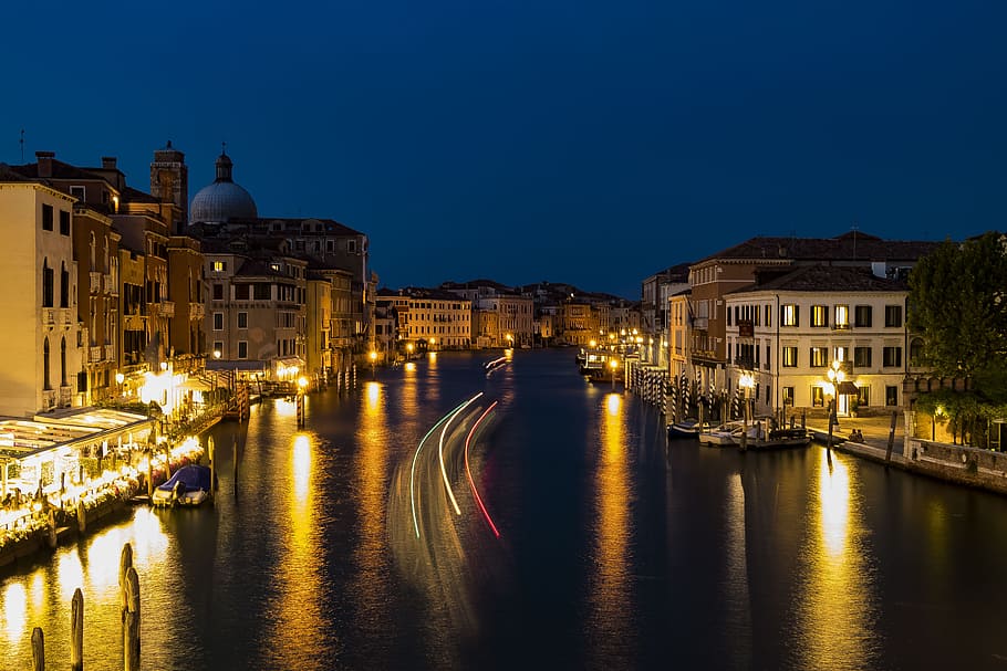 time-lapse photography, buildings, body, water, night, venice, italy, architecture, channel, old houses