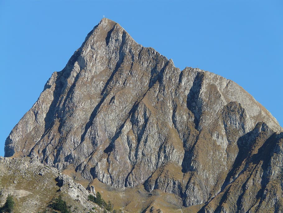 top, view, mountain, blue, sky, höfats, summit cross, cross, hiking, mountaineering