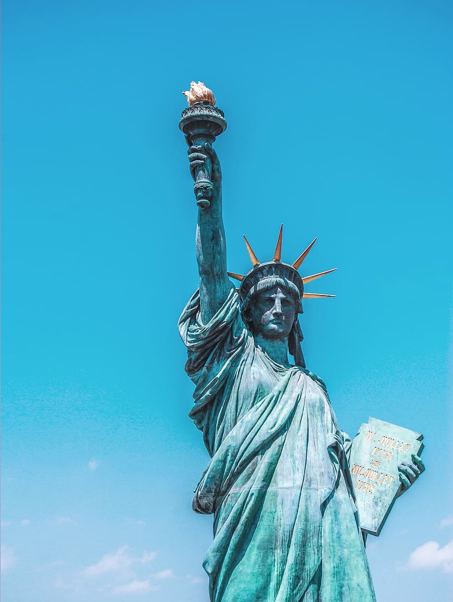statue, liberty, new, york, blue, sky, clouds, female likeness, travel destinations, freedom