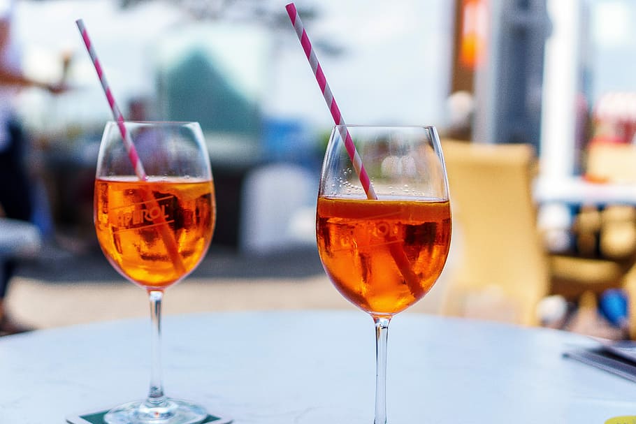 two, brown, liquor, filled, glass goblets, Aperol Spritz, Glasses, Cocktail Glass, drink, glass