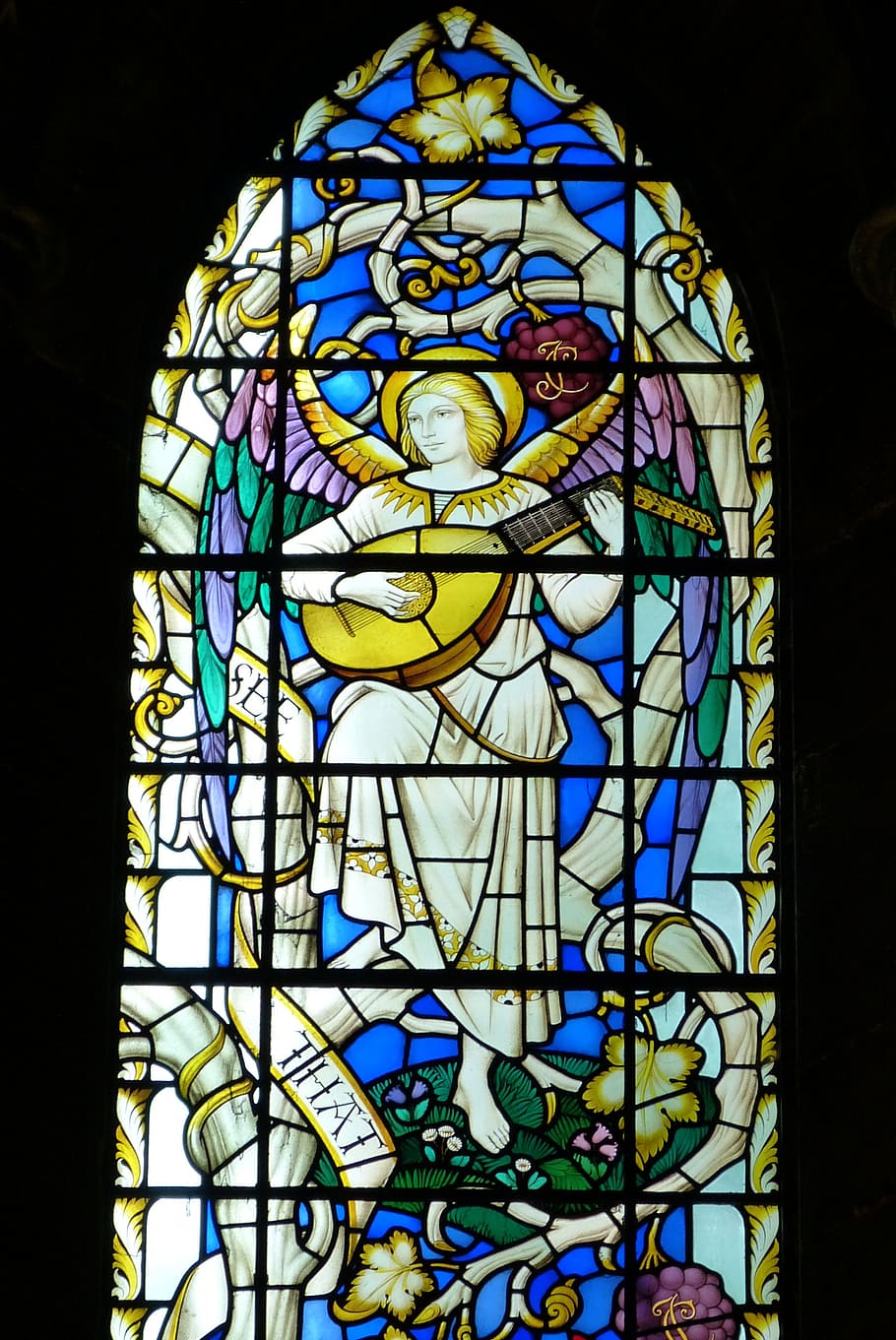 window, church window, church, religion, christianity, faith, stained glass, angel, instrument, guitar