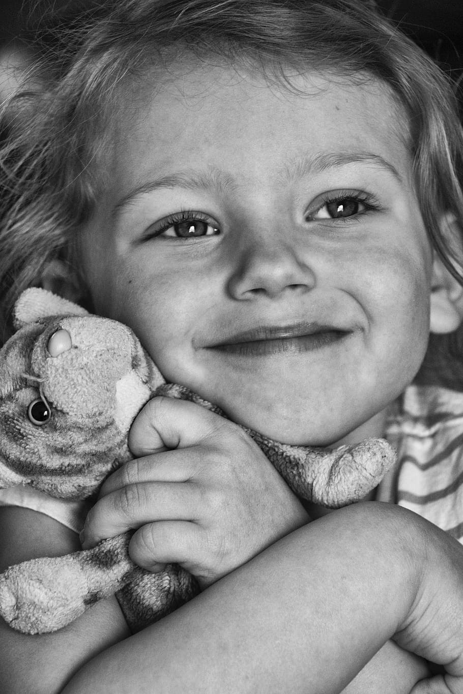 grayscale photo, hugging, plush, toy, Hug, Love, Puppy, Child, Girl, Daughter
