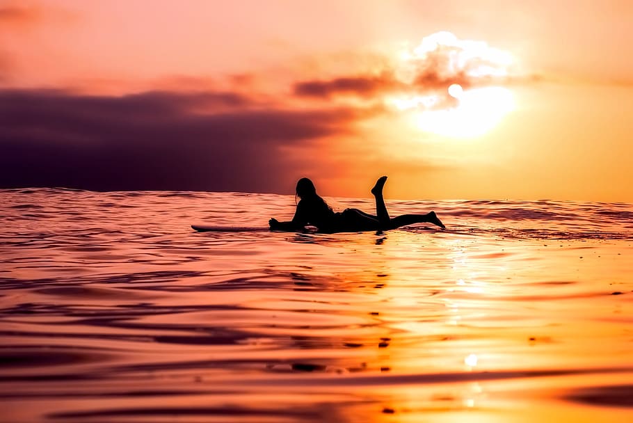 silhouette, person, surfboard, sea, surfer, ocean, sunset, dusk, female, girl