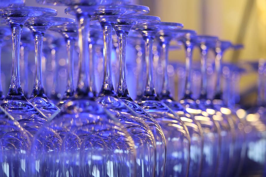 Party, Celebration, Drink, wineglasses, crystal, wine tasting, in a row, indoors, large group of objects, blue