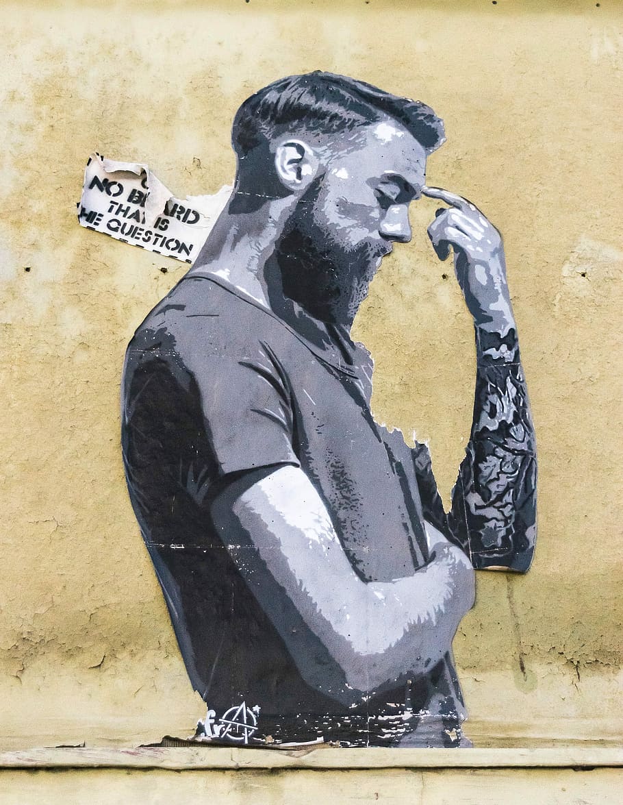 Pared, hombre, perfil, pensamiento, tipo, tatuaje, fachada, arte, Hauswand, arte urbano