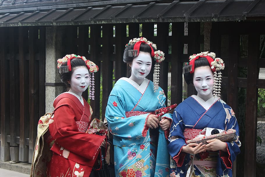 three geisha photo, geisha, girls, kimono, culture, woman, make-up, traditional, japan, national