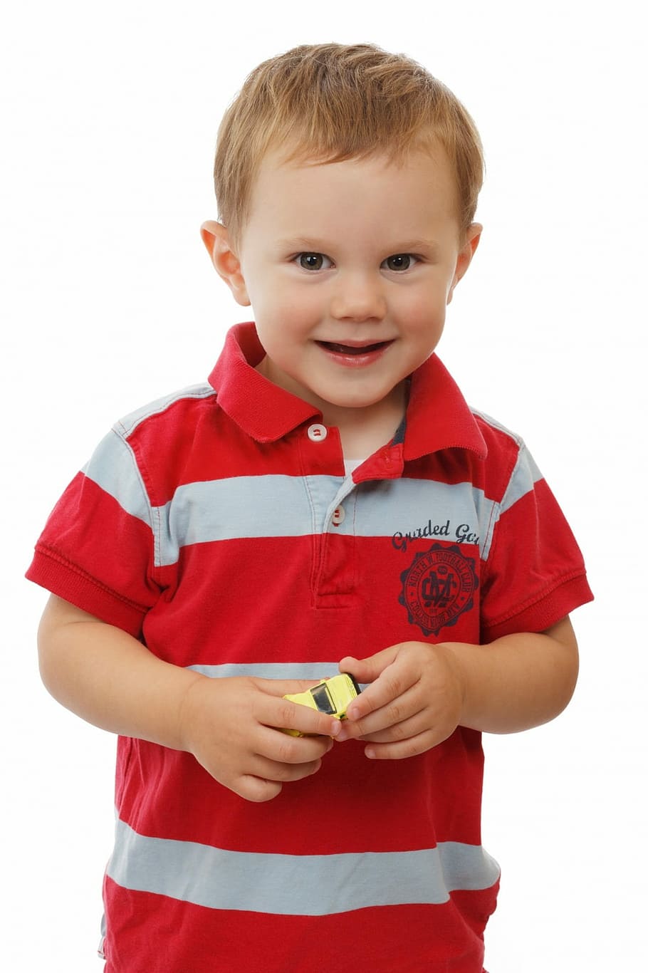 boy, red, white, striped, polo shirt, holding, yellow, toy car, child, cute