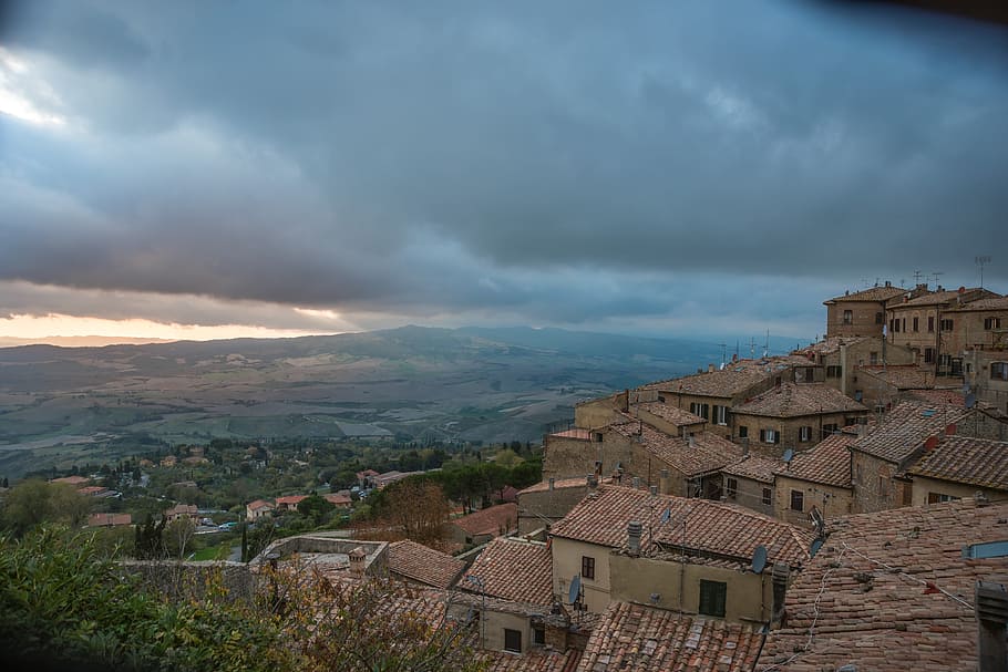 brown concrete houses, architecture, travel, panorama, sky, landscape, roofs, medieval, tuscany, volterra
