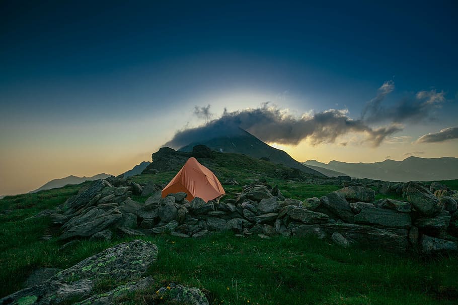 orange, camping tent, green, mountain, highland, cloud, sky, summit, ridge, landscape