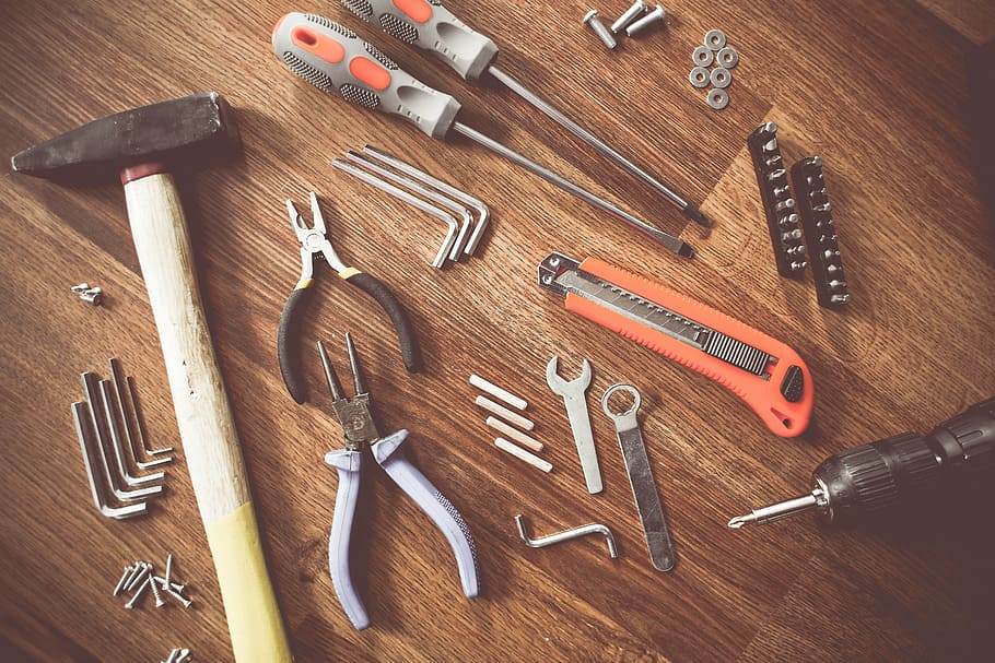 assorted, handheld, tools, wooden, parquet, construct, craft, repair, equipment, create