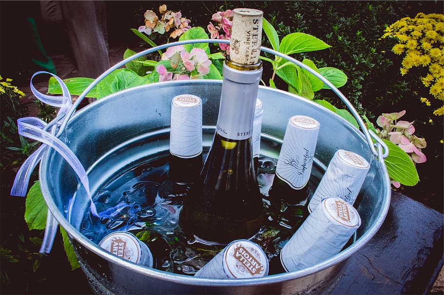 stella artois, beer, wine, bottle, cork, bucket, plant, nature, container, flower