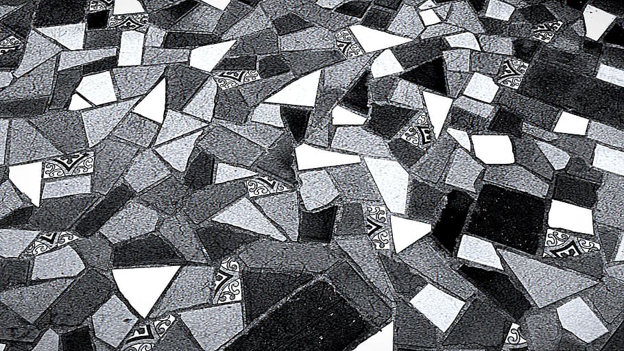 grayscale photo, mosaic floor, ceramic, ceramic tile, ceramic floor tile, floor, tile, pattern, design, texture